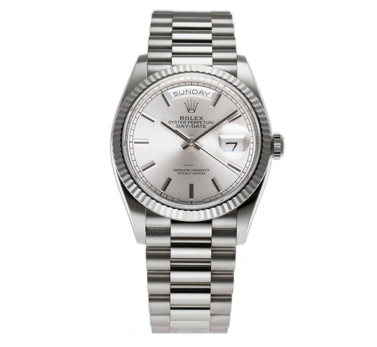 Rolex Day-date 36 36mm 18k White Gold President Silver Index Dial