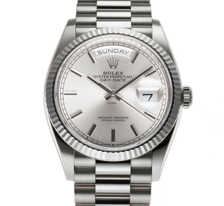 Rolex Day-date 36 36mm 18k White Gold President Silver Index Dial