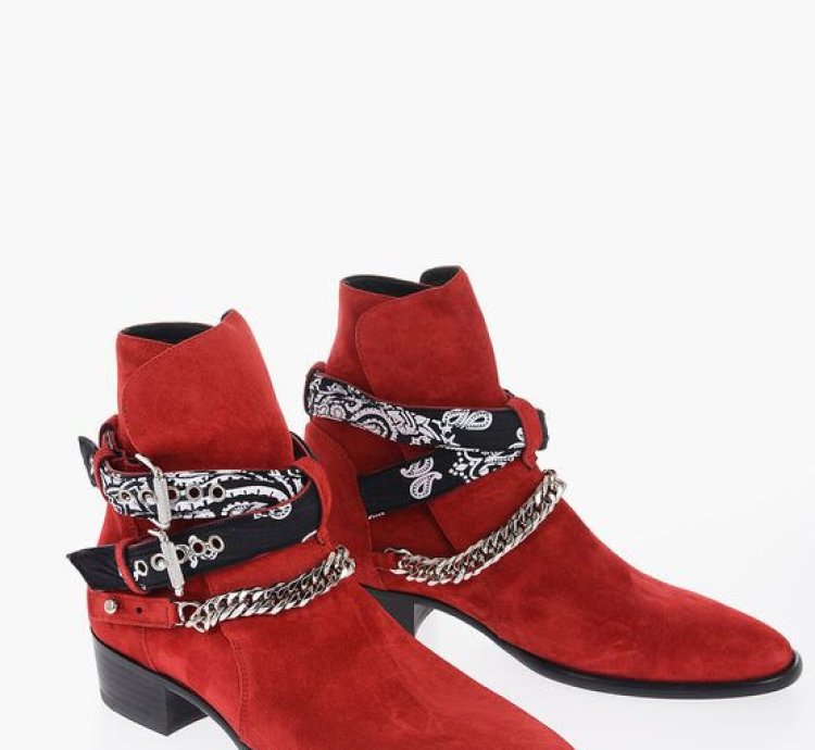Leather Suede Bandana Boots With Chain And Straps