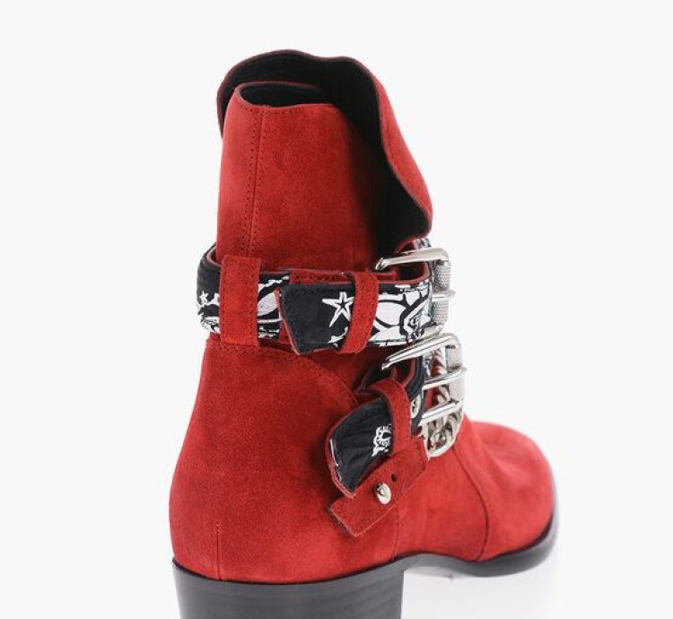 Leather Suede Bandana Boots With Chain And Straps