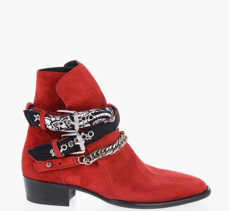 Leather Suede Bandana Boots With Chain And Straps