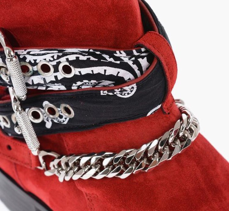 Leather Suede Bandana Boots With Chain And Straps