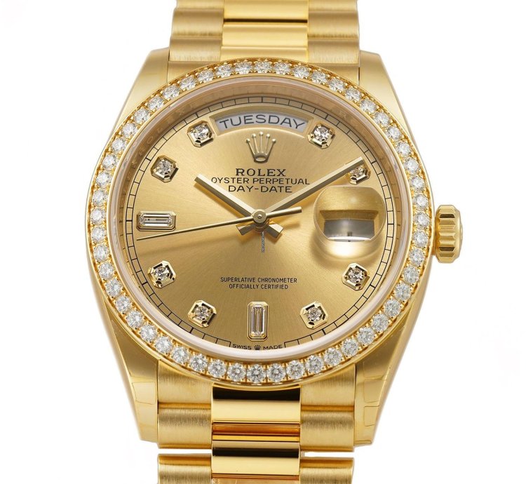 Rolex Day-date 36 36mm 18k Yellow Gold President Diamond Bezel Champagne Diamond Dial