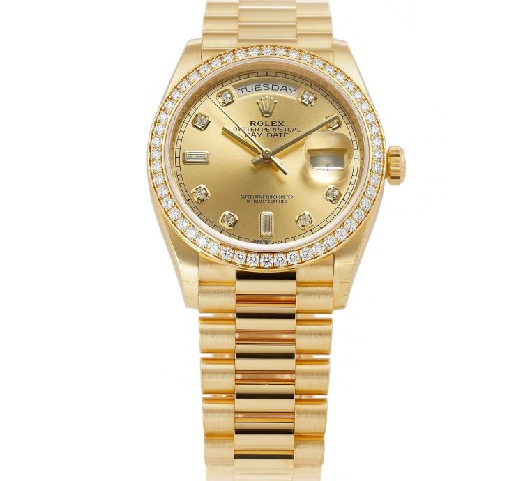 Rolex Day-date 36 36mm 18k Yellow Gold President Diamond Bezel Champagne Diamond Dial