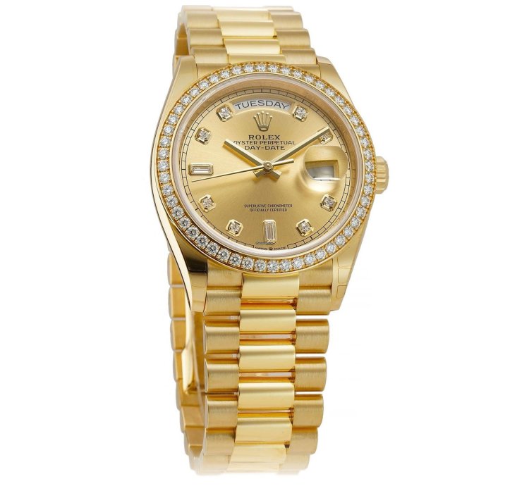 Rolex Day-date 36 36mm 18k Yellow Gold President Diamond Bezel Champagne Diamond Dial