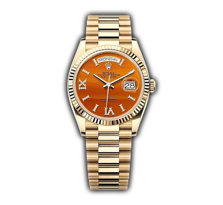 Rolex Day-date 36 36mm 18k Yellow Gold President Fluted Bezel Carnelian Dial