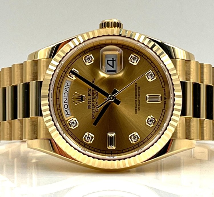 Rolex Day-date 36 36mm Champagne Diamond Dial Yellow Gold Bracelet 128238 Unworn 2023