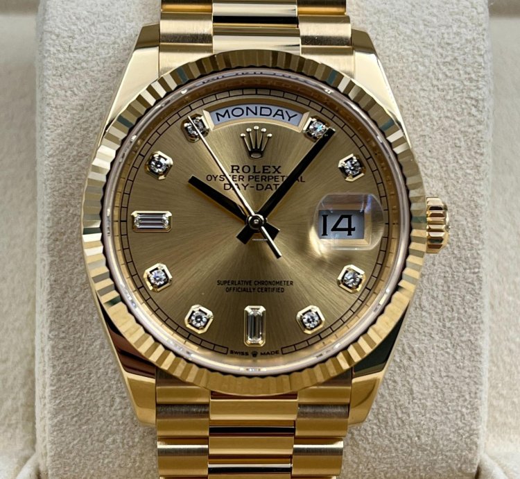 Rolex Day-date 36 36mm Champagne Diamond Dial Yellow Gold Bracelet 128238 Unworn 2023