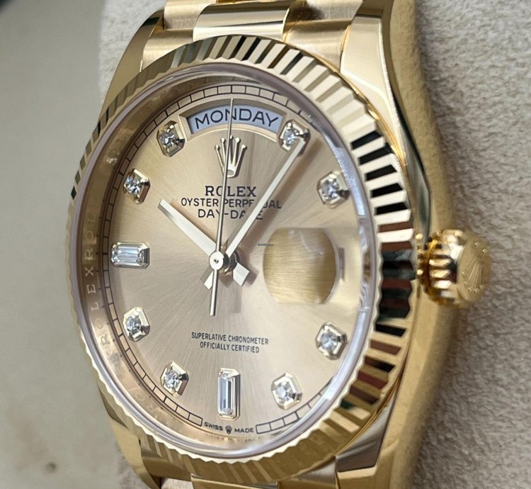 Rolex Day-date 36 36mm Champagne Diamond Dial Yellow Gold Bracelet 128238 Unworn 2023