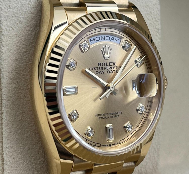 Rolex Day-date 36 36mm Champagne Diamond Dial Yellow Gold Bracelet 128238 Unworn 2023