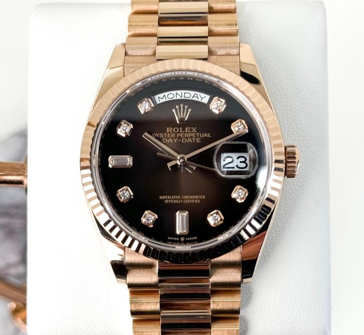Rolex Day-date 36 36mm Fluted Bezel Everose Gold Chocolate Diamond Dial Presidential Band