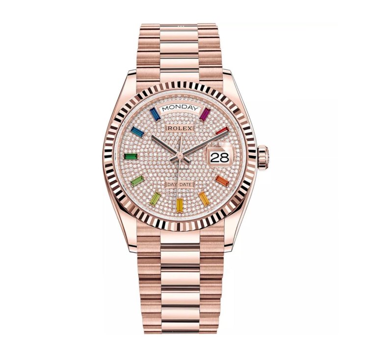Rolex Day-date 36 36mm Fluted Bezel Everose Gold Pave Rainbow Baguette Diamond Dial 128235