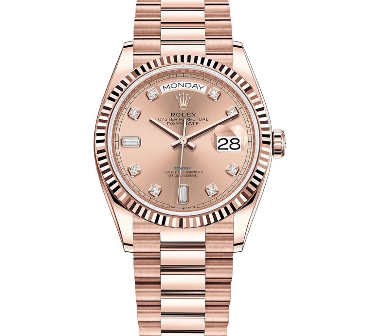 Rolex Day-date 36 36mm Fluted Bezel Everose Gold Ros Diamond Dial Presidential Band 128235