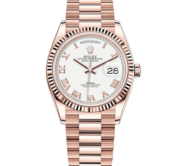 Rolex Day-date 36 36mm Fluted Bezel Everose Gold White Roman Dial Presidential Band 128235