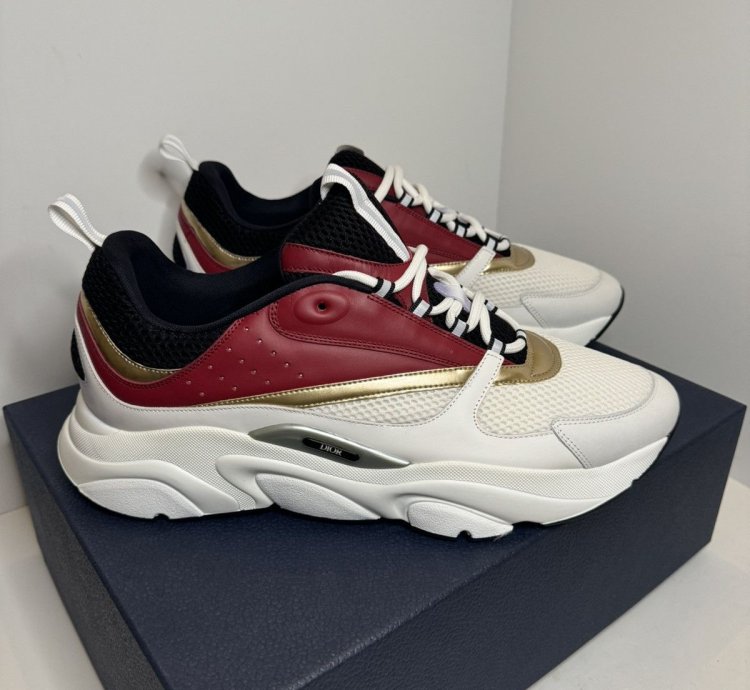 Men Dior B22 White Burgundy Gold Sneakers Size 50