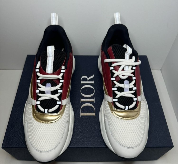 Men Dior B22 White Burgundy Gold Sneakers Size 50