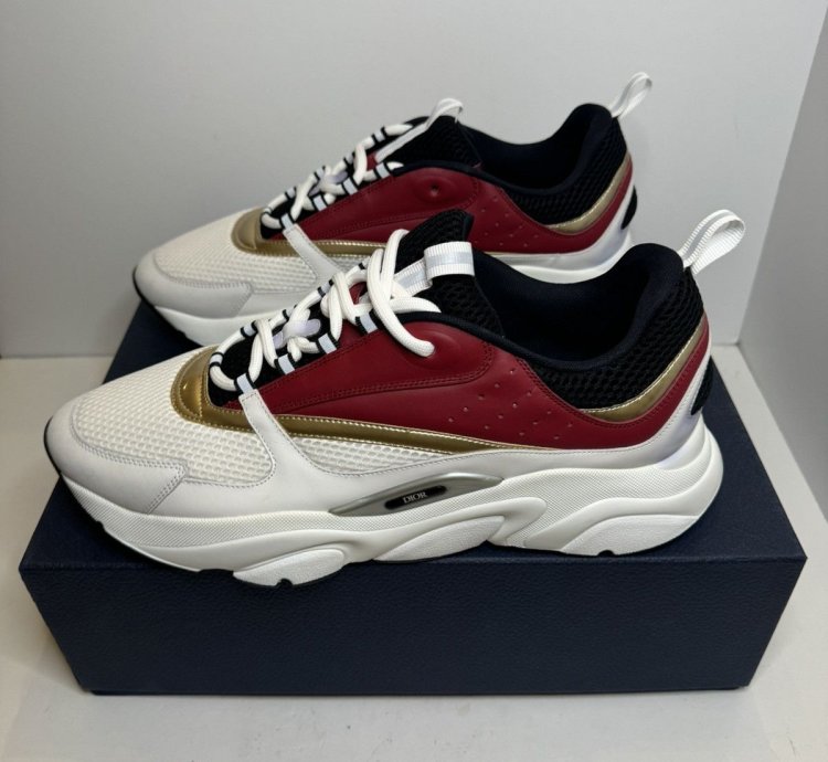 Men Dior B22 White Burgundy Gold Sneakers Size 50