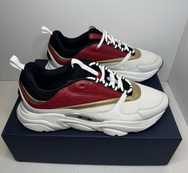 Men Dior B22 White Burgundy Gold Sneakers Size 50