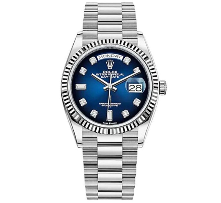 Rolex Day-date 36 36mm Fluted Bezel White Gold Blue Diamond Dial Presidential Band