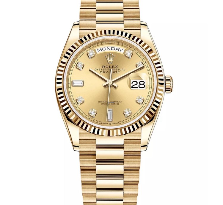 Rolex Day-date 36 36mm Fluted Bezel Yellow Gold Champagne Diamond Dial Presidential Bracelet 128238
