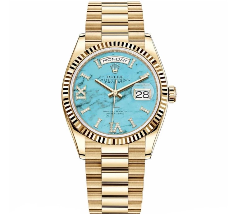 Rolex Day-date 36 36mm Fluted Bezel Yellow Gold Turquoise Roman Diamond Dial 128238