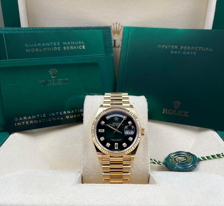 Rolex Day-date 36 36mm Green Ombre Diamond Dial Yellow Gold Bracelet 128238 Unworn 2023