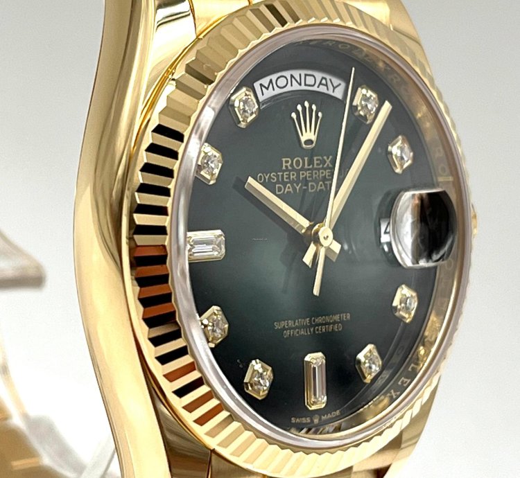 Rolex Day-date 36 36mm Green Ombre Diamond Dial Yellow Gold Bracelet 128238 Unworn 2023