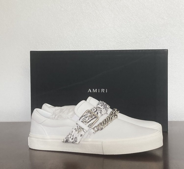 New Amiri Bandana Buckle White Leather Slip On Sneakers Sz 8
