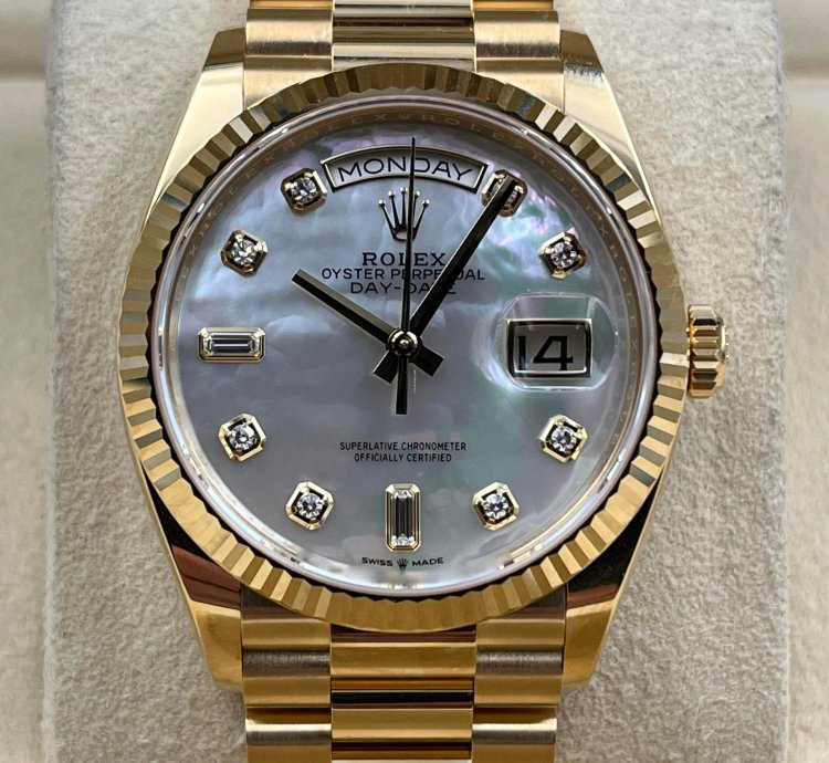 Rolex Day-date 36 36mm Mother Of Pearl Dial Yellow Gold Bracelet 128238 Unworn 2023