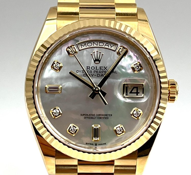 Rolex Day-date 36 36mm Mother Of Pearl Dial Yellow Gold Bracelet 128238 Unworn 2023
