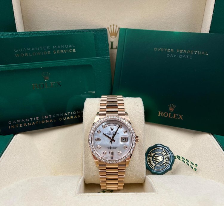 Rolex Day-date 36 36mm Mother Of Pearl Diamond Dial Rose Gold Bracelet 128345rbr Unworn 2022