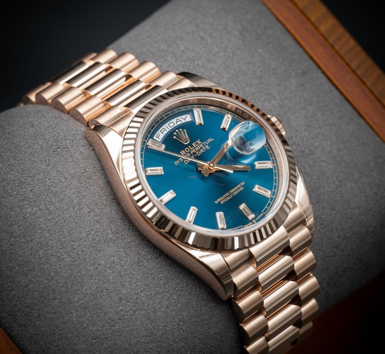 Rolex Day-date 36 36mm New Release Blue Baguette Dial Rose Gold