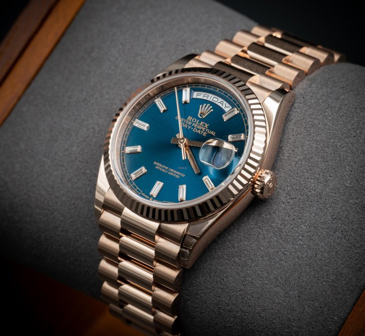 Rolex Day-date 36 36mm New Release Blue Baguette Dial Rose Gold
