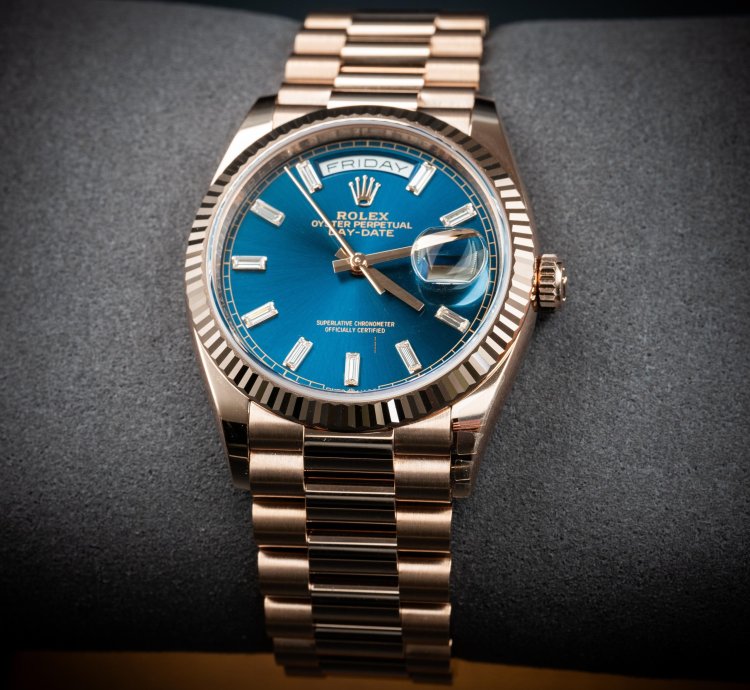 Rolex Day-date 36 36mm New Release Blue Baguette Dial Rose Gold