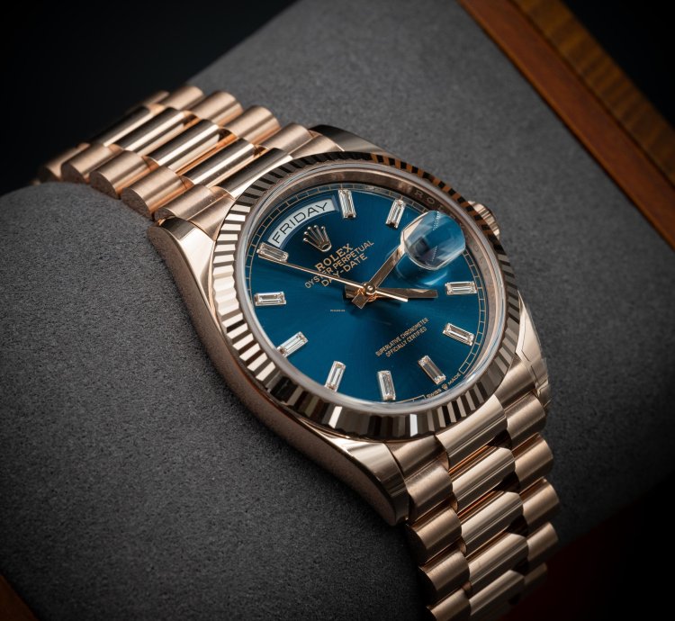 Rolex Day-date 36 36mm New Release Blue Baguette Dial Rose Gold