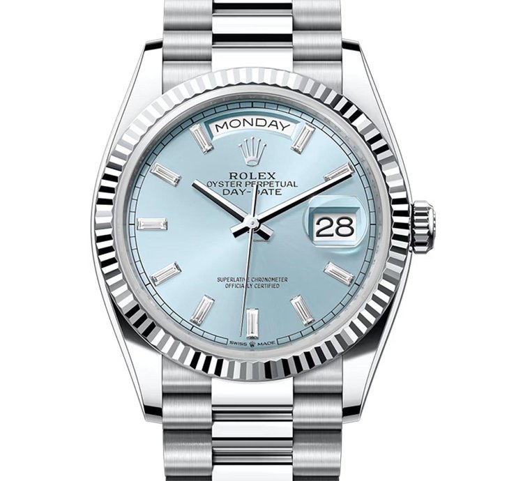 Rolex Day-date 36 36mm Platinum President Fluted Bezel Ice-blue Diamond Dial