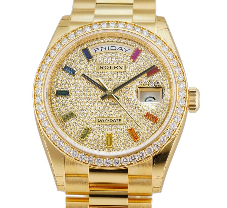 Rolex Day-date 36 36mm President 18k Yellow Gold Diamond Bezel Diamond Pav Rainbow Dial