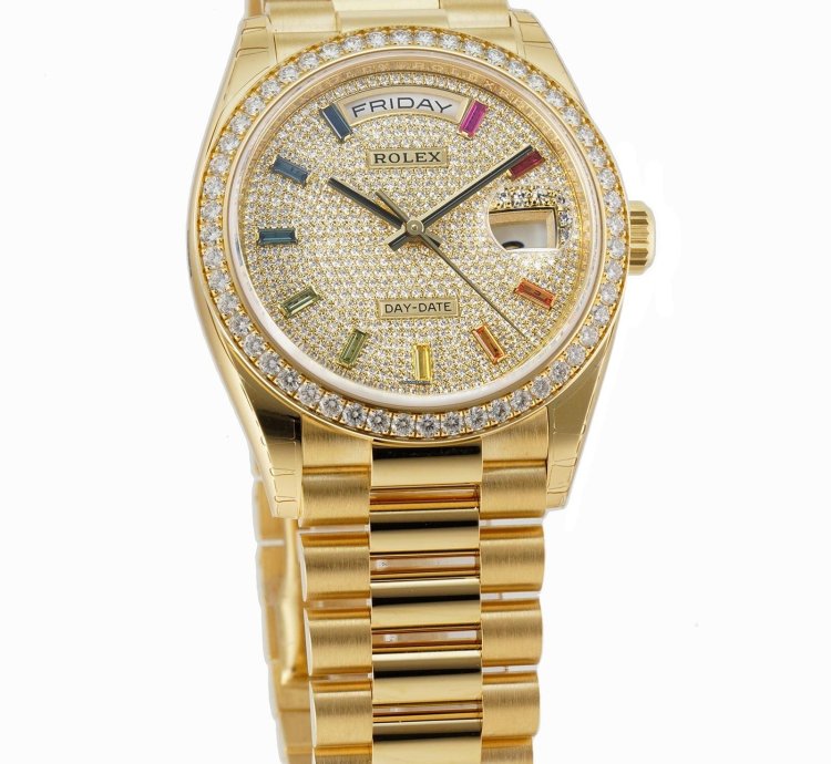 Rolex Day-date 36 36mm President 18k Yellow Gold Diamond Bezel Diamond Pav Rainbow Dial