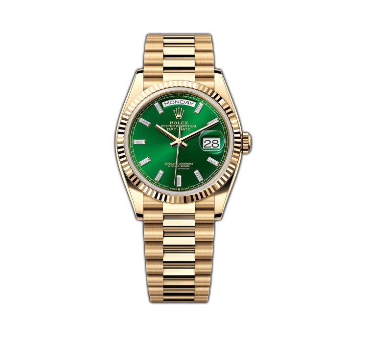 Rolex Day-date 36 36mm President 18k Yellow Gold Green Baguette Diamond Dial