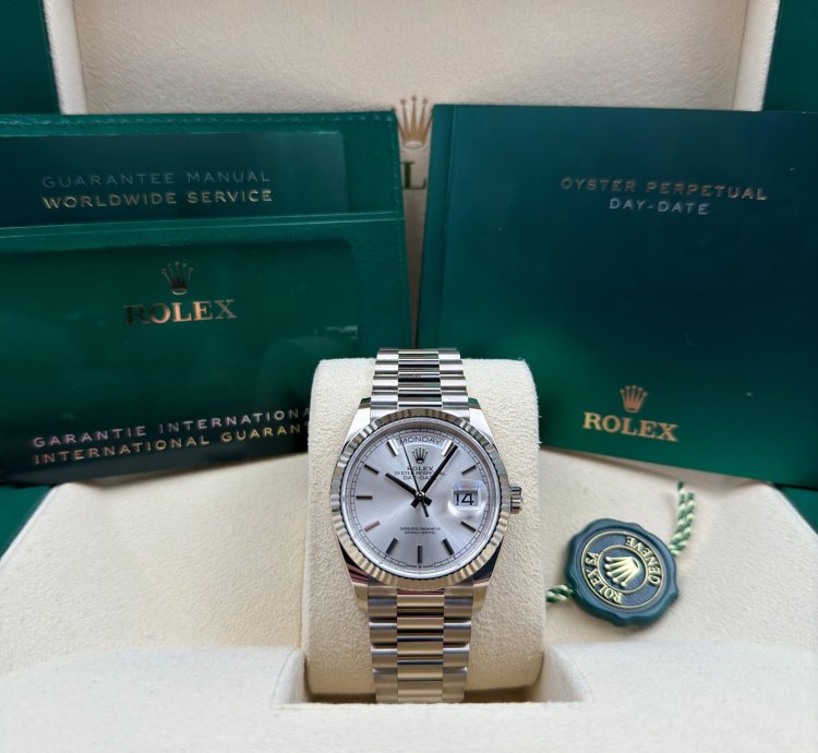 Rolex Day-date 36 36mm Silver Index Dial White Gold Bracelet 128239 Unworn 2022
