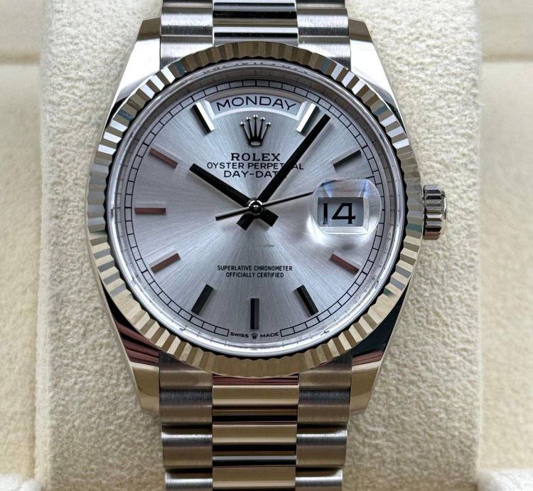 Rolex Day-date 36 36mm Silver Index Dial White Gold Bracelet 128239 Unworn 2022