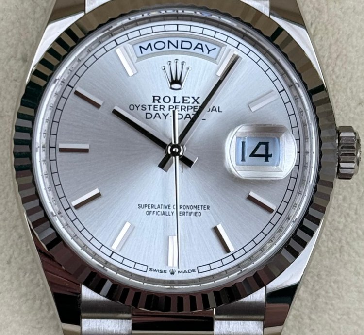 Rolex Day-date 36 36mm Silver Index Dial White Gold Bracelet 128239 Unworn 2022