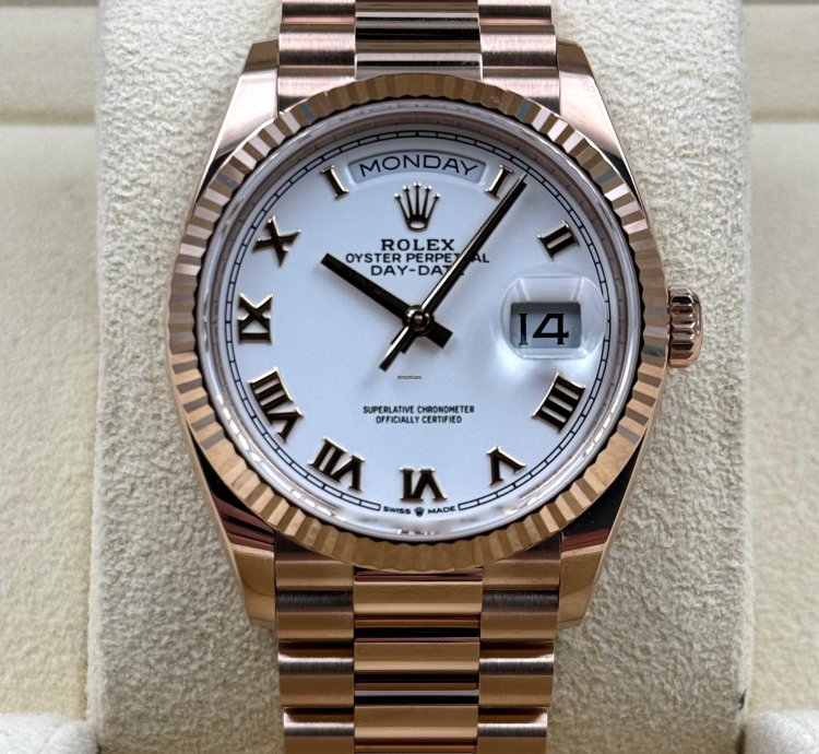 Rolex Day-date 36 36mm White Roman Dial Rose Gold Bracelet 128235 Unworn 2024