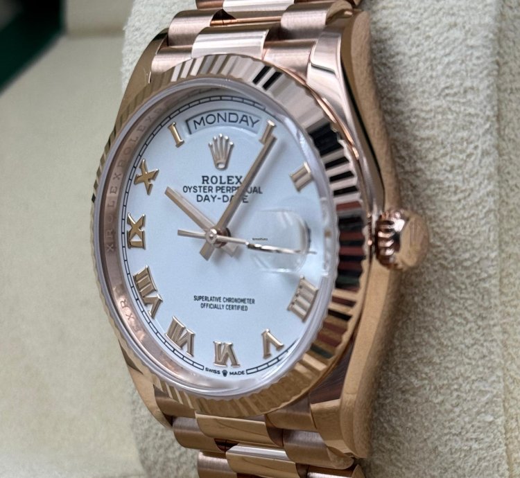 Rolex Day-date 36 36mm White Roman Dial Rose Gold Bracelet 128235 Unworn 2024