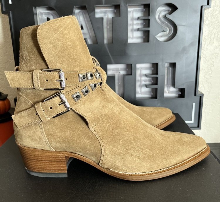 Nib Amiri Tan Jodphur Conch Suede Boots Studs Size 8 41