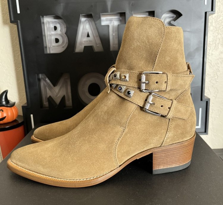 Nib Amiri Tan Jodphur Conch Suede Boots Studs Size 8 41