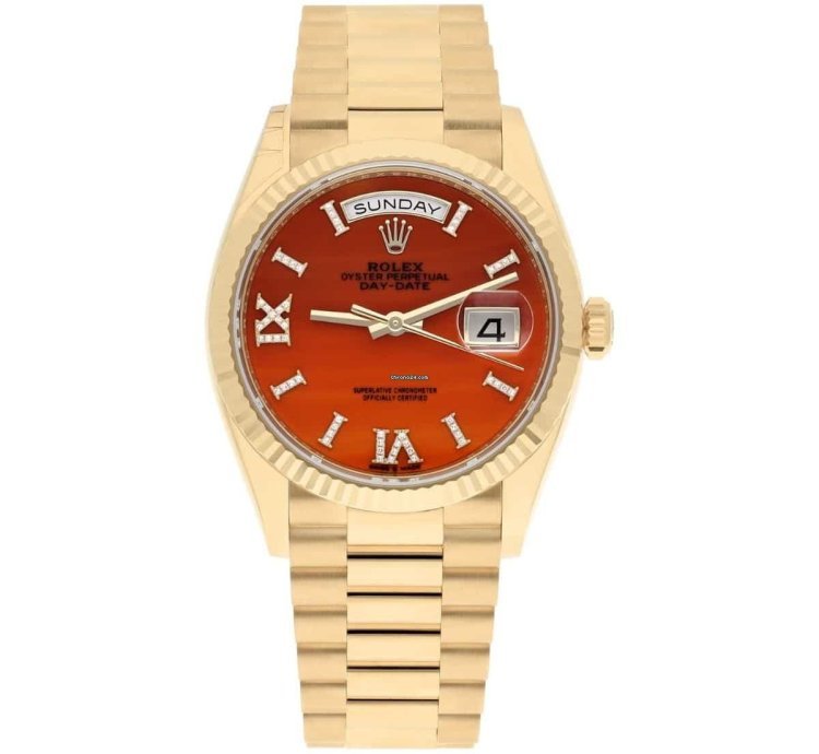 Rolex Day-date 36 36mm Yellow Gold Carnelian Roman Diamond Dial 128238 Presidential