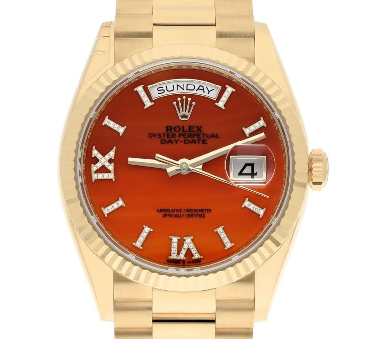 Rolex Day-date 36 36mm Yellow Gold Carnelian Roman Diamond Dial 128238 Presidential