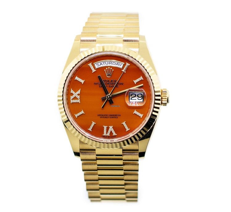 Rolex Day-date 36 36mm Yellow Gold Carnelian Roman Diamond Dial Fluted Bezel 128238