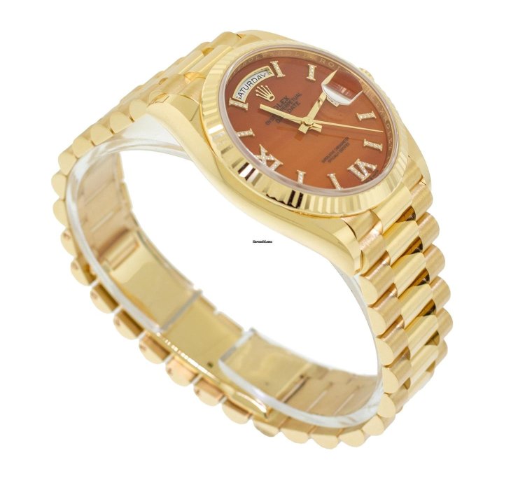 Rolex Day-date 36 36mm Yellow Gold Carnelian Roman Diamond Dial Fluted Bezel 128238